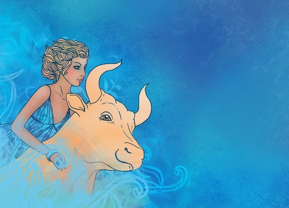 Illustration of taurus zodiac sign as a beautiful girl with ox